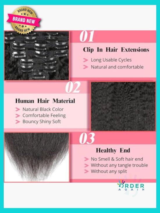 24 inch Kinky Straight Clip in Hair Extensions 8 Pcs Real Human Hair Natural